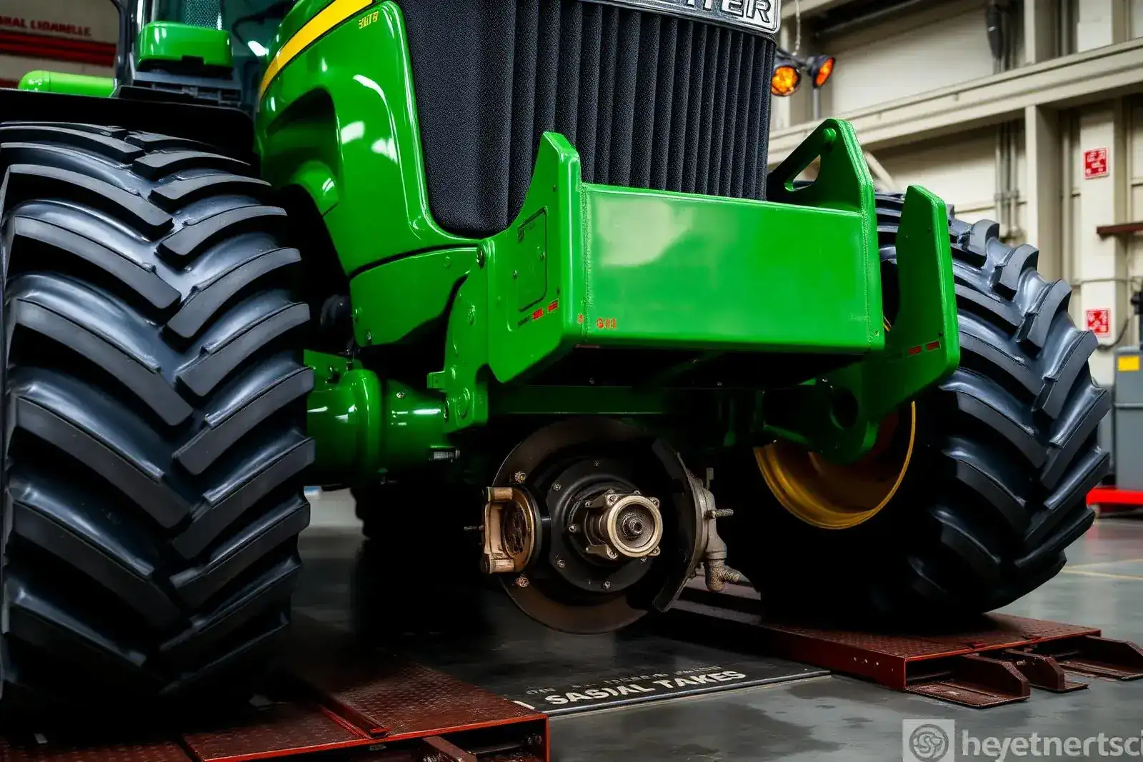 Trattore agricolo sulle piastre della prova frenata